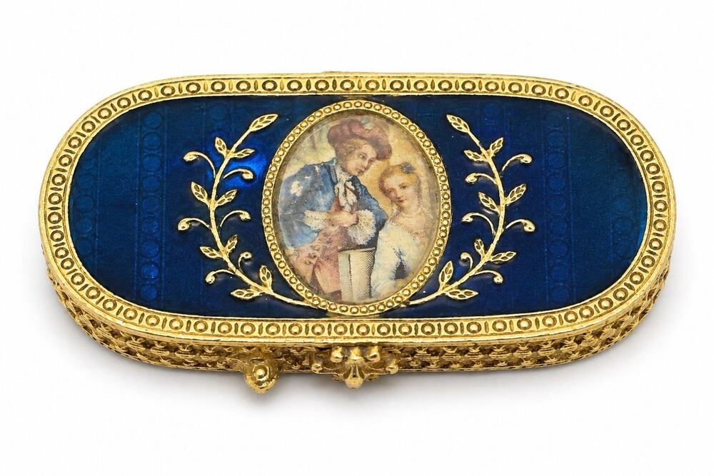 Vtg Estee Lauder Solid Perfume Compact Blue Enamel Romantic Couple Portrait 1970
